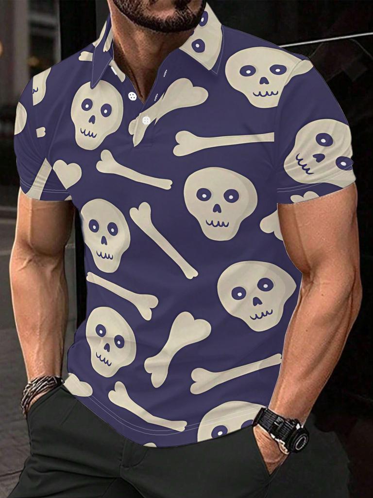 Men's Short-Sleeve Polo Shirt with Skull & Bones Print - Full-Body Button-Up Lapel Collar, Minimalist Summer Beachwear Suitable for Dates, Casual