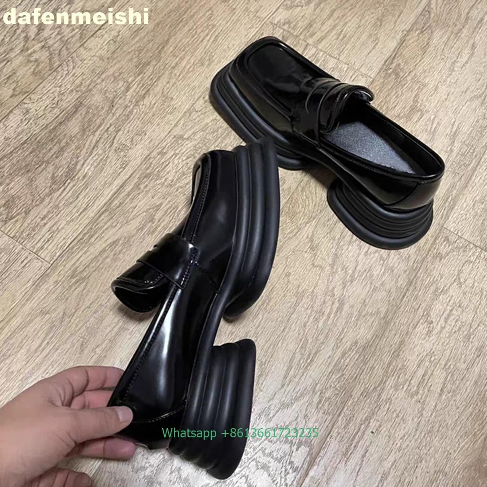 Square Toe Slip On Women Loafers Thick-Soled Patent Leather Shoes Spring Thick Heels Lace-Up 2025 Genuine Leather Shoes