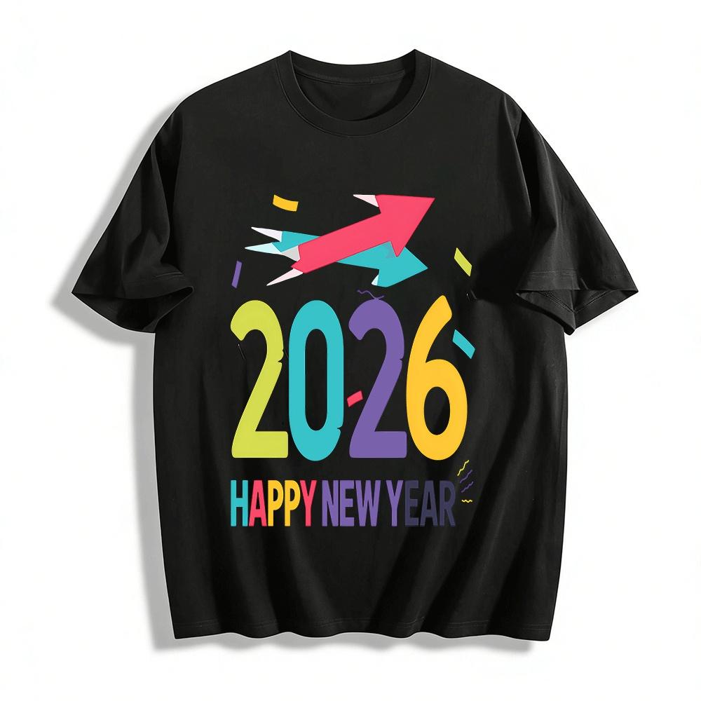 2026 Happy New Year Graphic Print Unisex Casual Loose Long Sleeve Tee Pure cotton T-shirt XXS