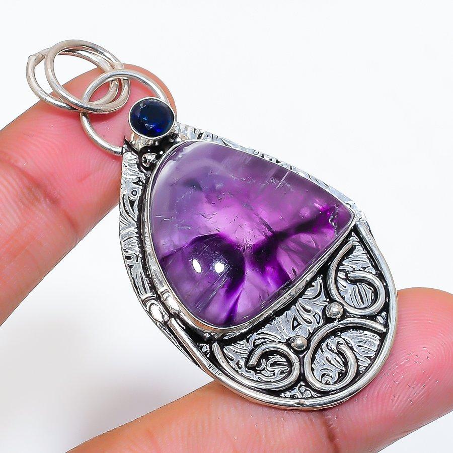 Natural Sage Amethyst, Iolite 925 Sterling Silver Jewelry Pendant 2.29" ZS-111