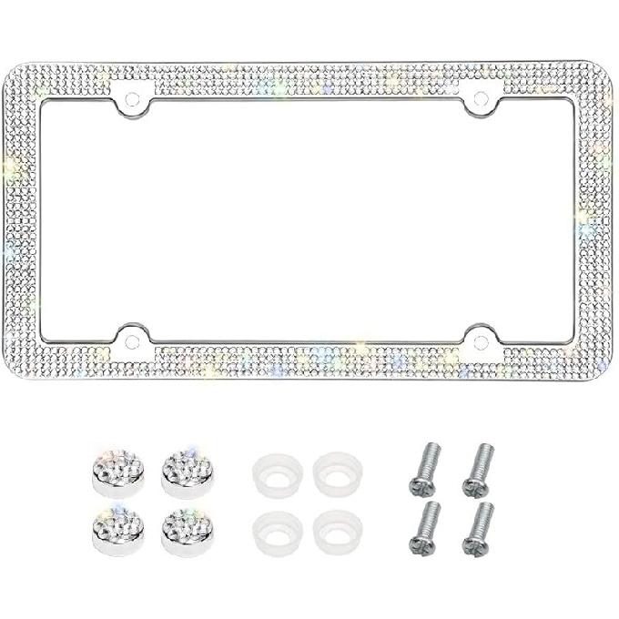 Otostar Bling License Plate Frame, Handcrafted 4 Rows Shiny Rhinestones Stainless Steel 4 Holes License Plate Frame With Anti-Theft Screws Caps Set
