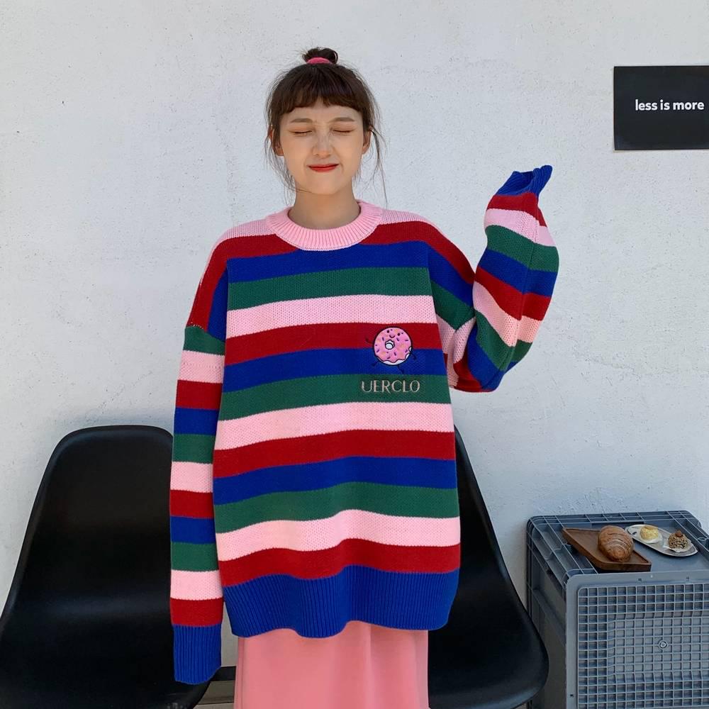 

Pofulove Полосатый вышитый свитер женский осенне-зимний свободный пуловер с круглым вырезом трикотажный топ S розовый