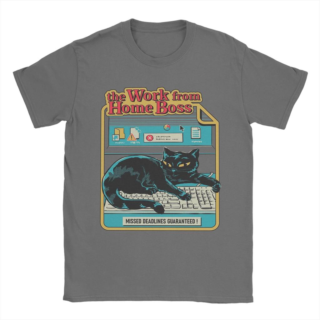Vintage Work from Home Boss Cat Playing Computer Games T-Shirt Men Pure Cotton T Shirt Short Sleeve Tee Shirt Plus Size Clothing