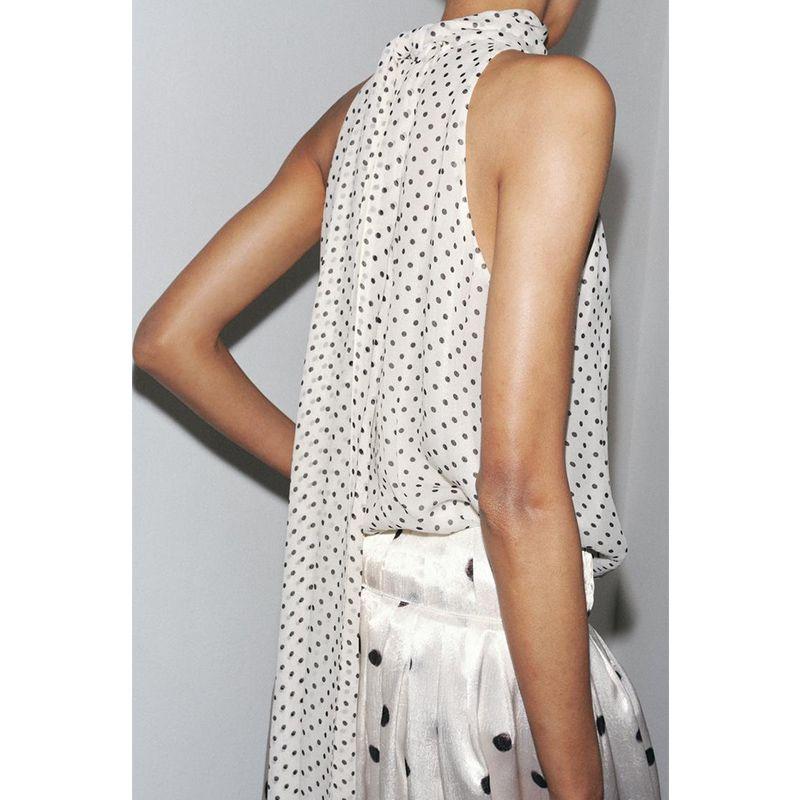 Summer New Women clothes French style Design Scarf Decoration Polka Dot Hanging Collar Straight Top 5289046