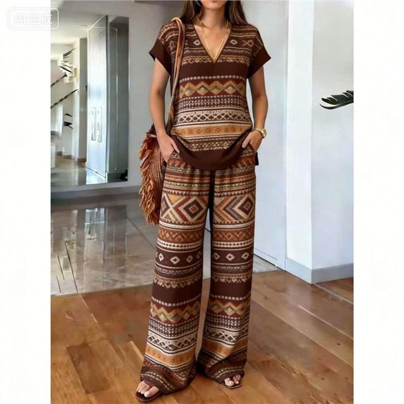 Malaysia Bohemian Print Two-piece Fashion V-neck Short-sleeved Suit Top