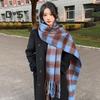 Women Scarf Plaid Print Thickened Warm Long Shawl with Tassel Trim Versatile Winter Blanket Wrap Daily Wear
