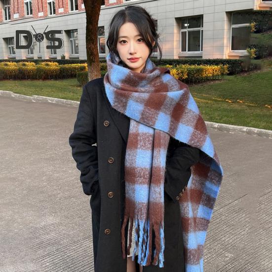 Women Scarf Plaid Print Thickened Warm Long Shawl with Tassel Trim Versatile Winter Blanket Wrap Daily Wear