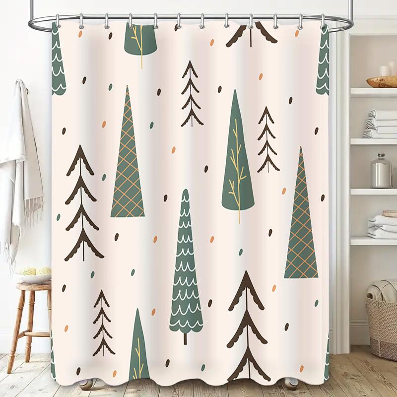 Vintage Christmas Trees Shower Curtain Set Green Forest Decor With Pine Cones For Bathroom Decor In White Waterproof Fabric (Siz