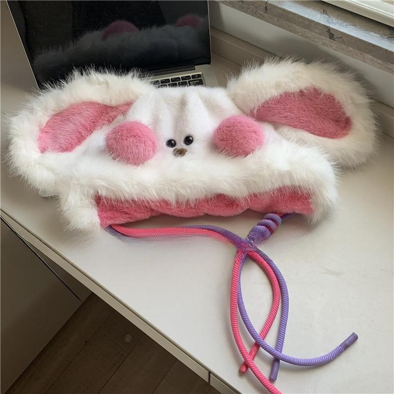 

Милая плюшевая шапка с кроличьими ушками для женщин, открывающая лицо, маленькая, ветрозащитная, с защитой ушей, утолщенная шапка-ушанка M（53-58cm）