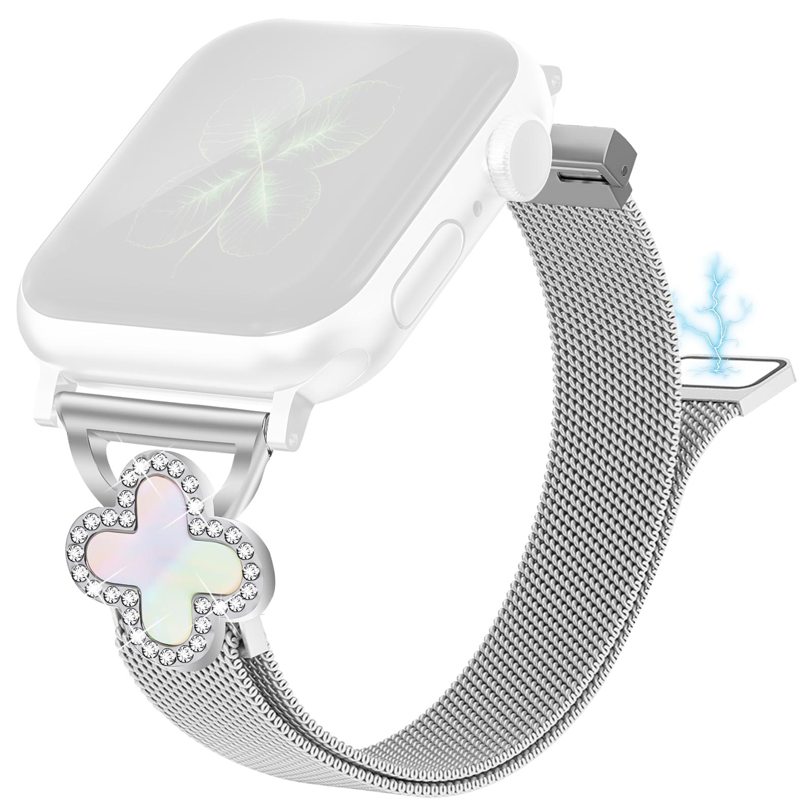 

Milanese Band for Apple Watch Series 10 Ultra 9 8 7 SE 6 5 4 3 2 1 46mm 49mm 45mm 44mm 42mm Magnetic Watch Strap Clover Decor,Size: L Silver