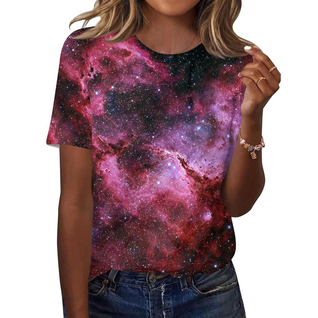 Women's Fashionable Casual Short Sleeve Print Round Neck Pullover Top