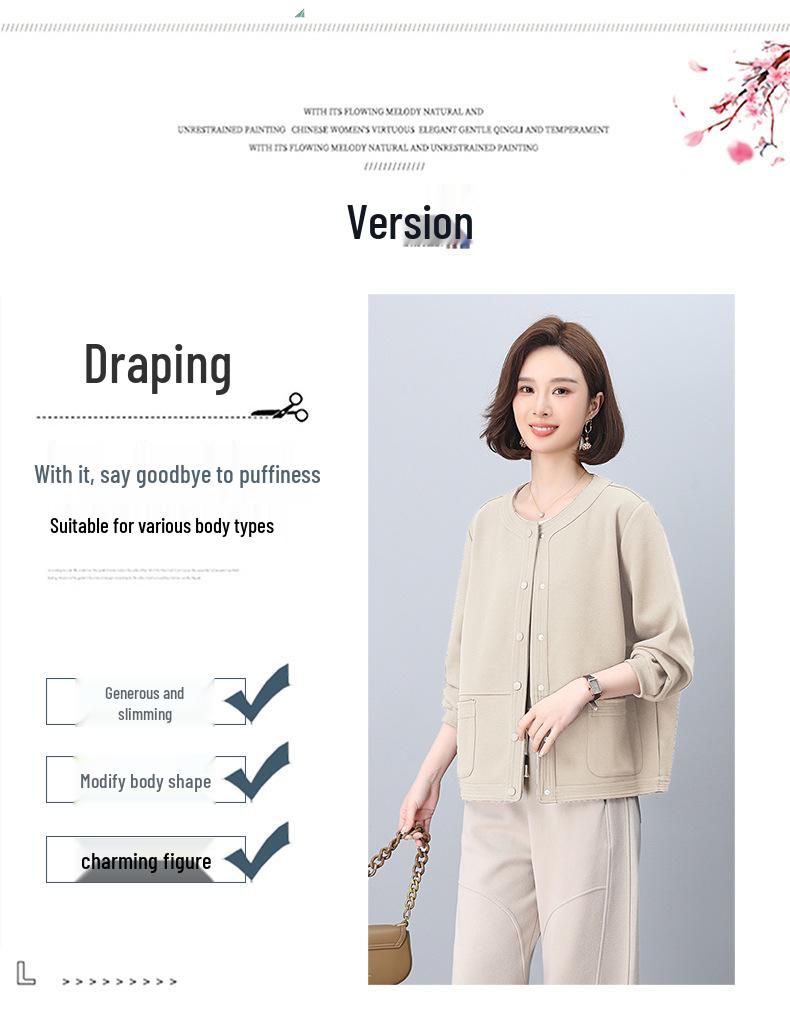 Women's Spring-Autumn 2025 Fashionable Age-Defying Round Neck Cardigan - Thin, Stylish Sweatshirt for Middle-Aged Moms