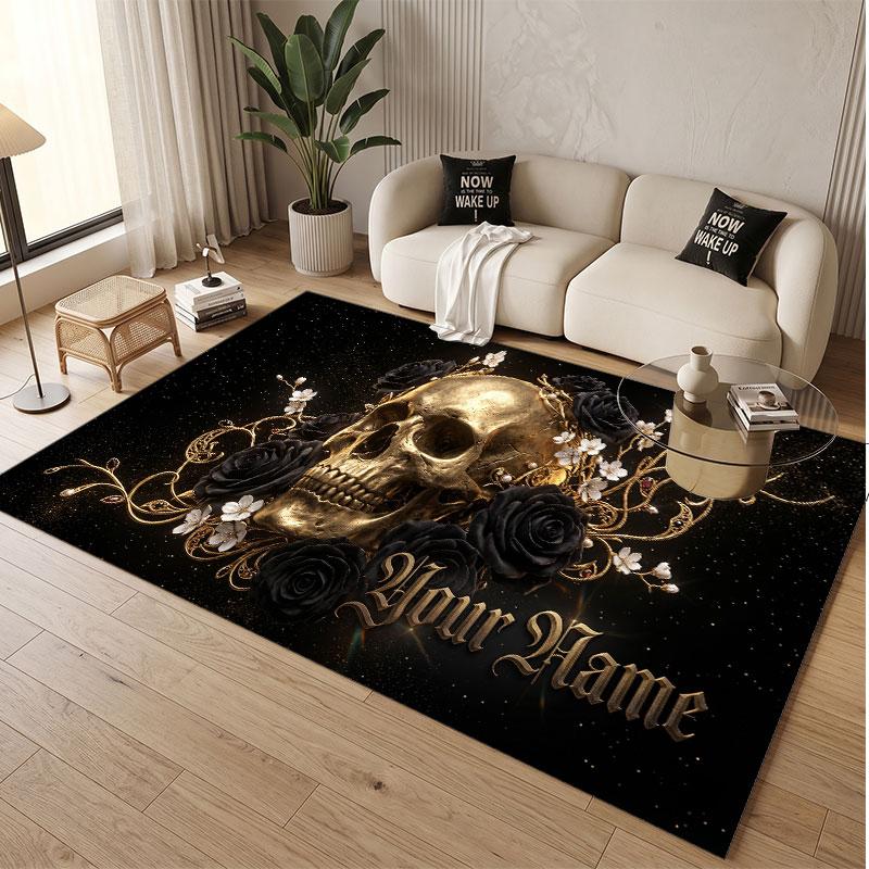 Tappeto Morbido in Velluto di Cristallo Tema Gotico Teschio Stampa Personalizzata Nome e Testo Tappeto Antiscivolo per Camera da Letto Soggiorno