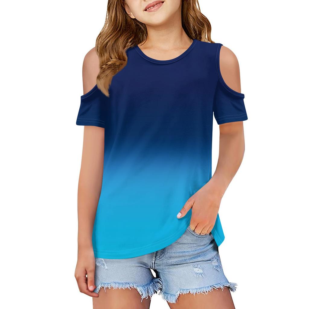 Children summer fashion T-shirt dew shoulder round collar gradient leisure coat