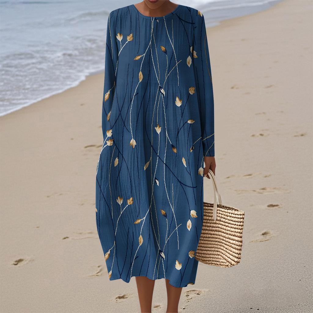 Women's Fashionable Casual Long-Sleeved Round Neck Floral Print Zipper Dress