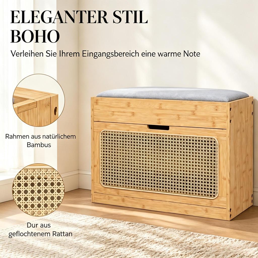 Bamboo Shoe Bench Entrance Area, Storage Bench with Seat Cushion, Rattan Door and Height-Adjustable Shelf