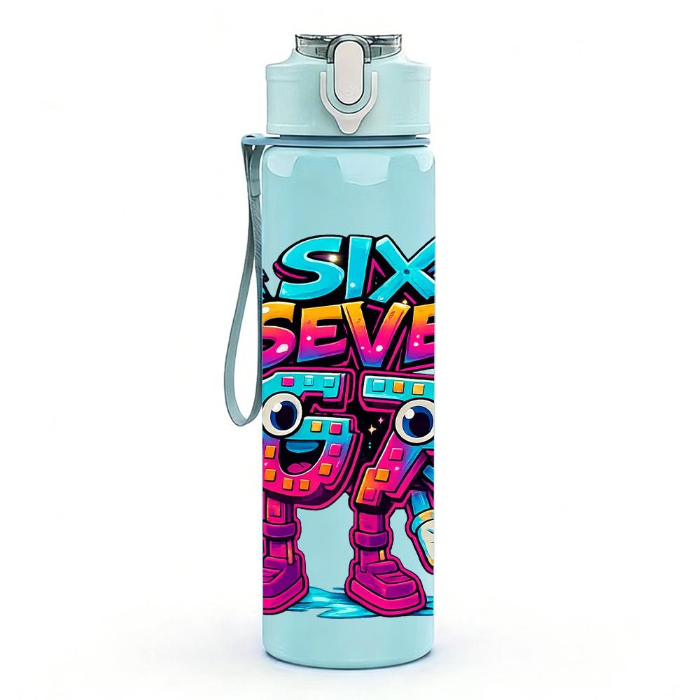 1PC Six Seven Bright Graffiti Cartoon Print 750ml Color Plastic Sports Water Bottle Leakproof Flip Straw Lid Suitable for Sports Office Home Use