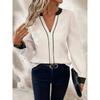 Plus Size Women's Chiffon Blouse, V-neck Long Sleeve Color Block Textured Top, Casual Commute Top for Women