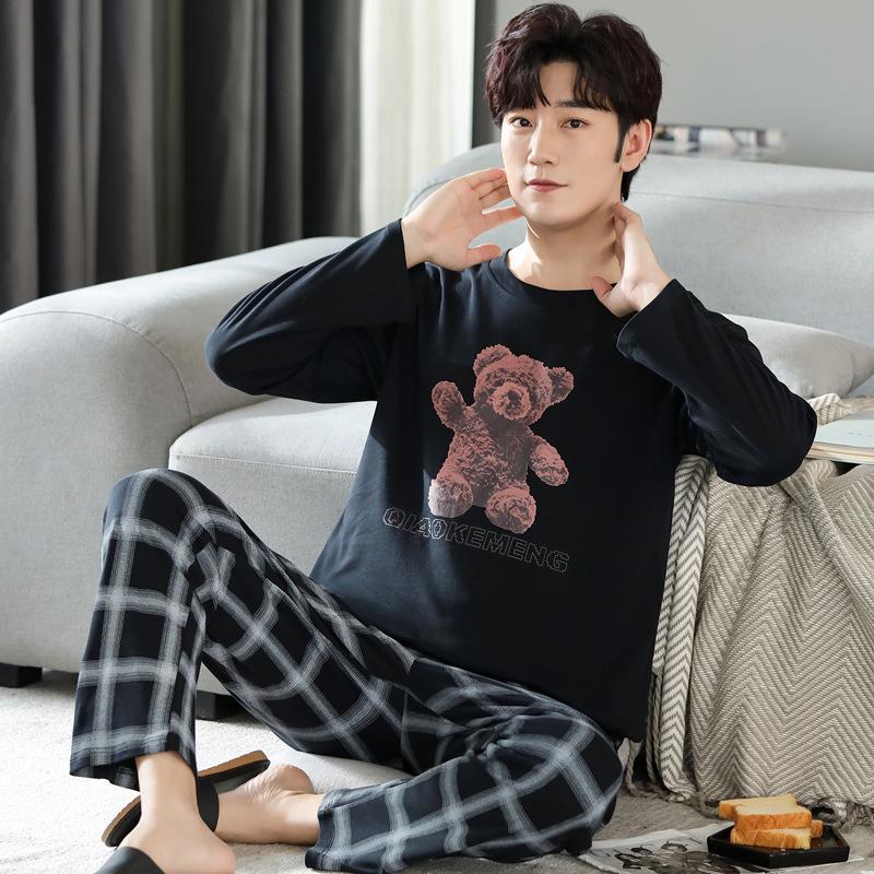 2023 Men's Cotton Pajamas: Long Sleeve Loose Fit for Spring, Autumn, and Winter with Print Design