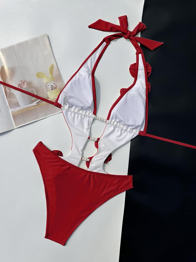 Einfarbiger Bindebikini mit Perlenblumen-Dekoration für Damen