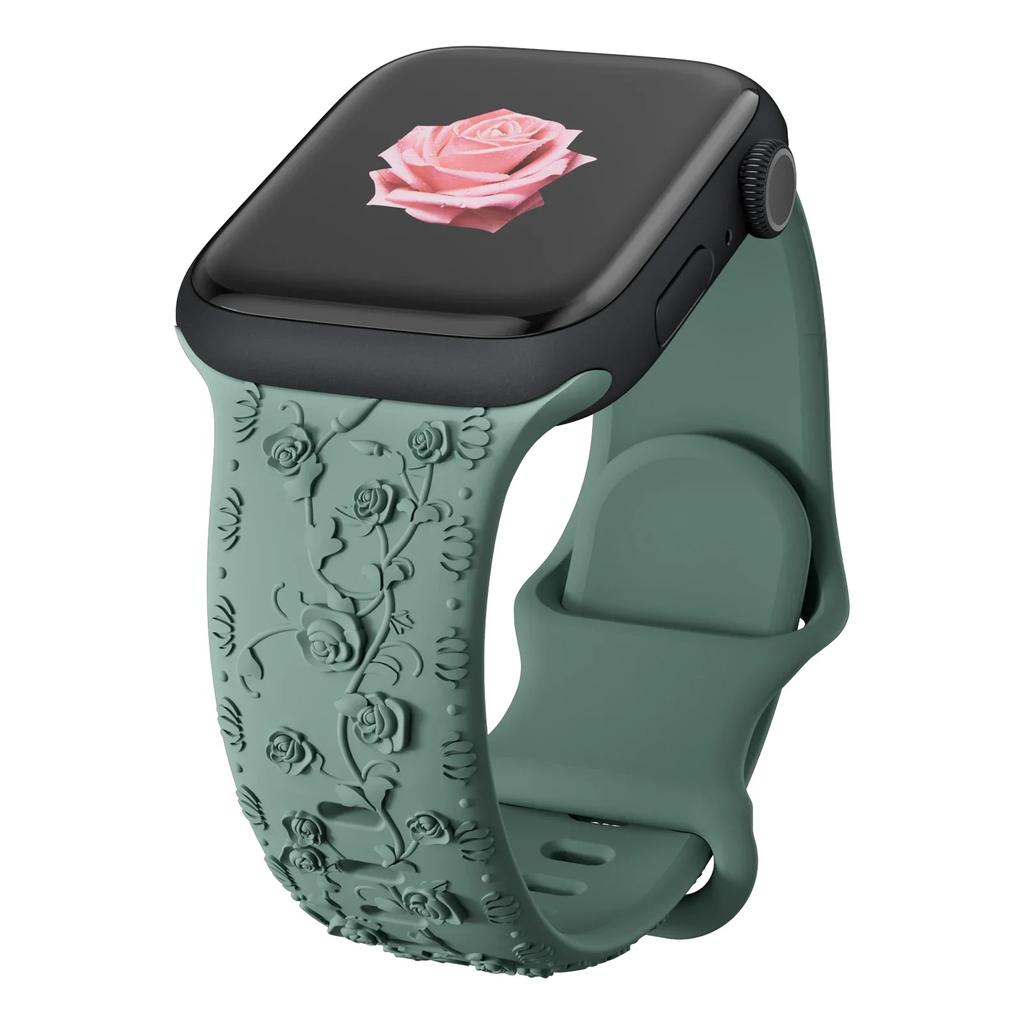 Floral Engraved Strap For Apple Watch Band 40mm 44mm 41mm 49mm 45mm 38mm 42mm Silicone Bracelet Iwatch Series 9 7 Se 6 8 Ultra 2