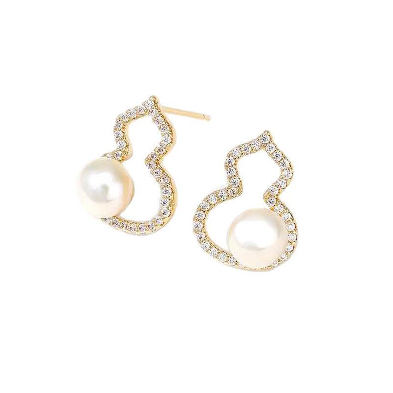 18K Gold Plated Good Luck Gourd Pearl Earrings: Natural Freshwater Pearl Studs for Women.