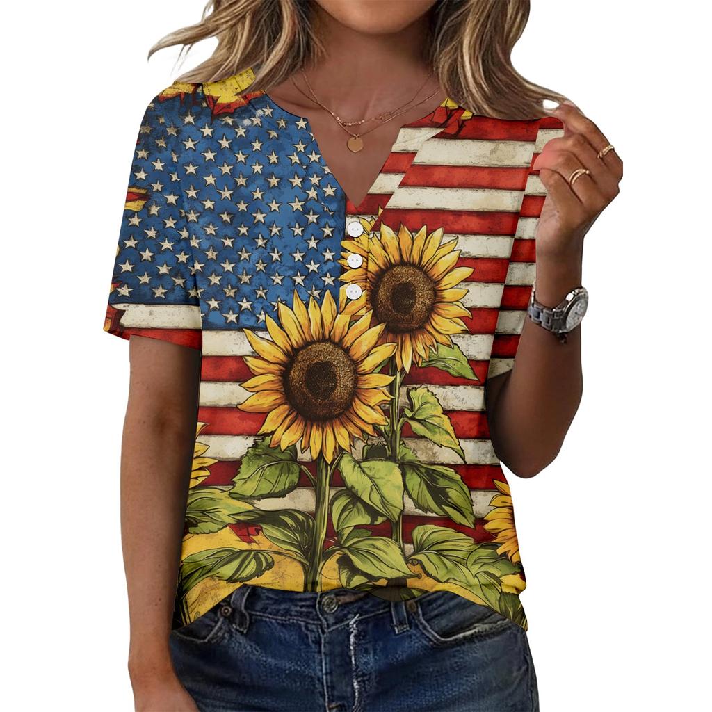 Women Casual V Neck Short Sleeve T Shirt Button Detail Sunflower Print Lightweight Summer Top for Everyday Wear