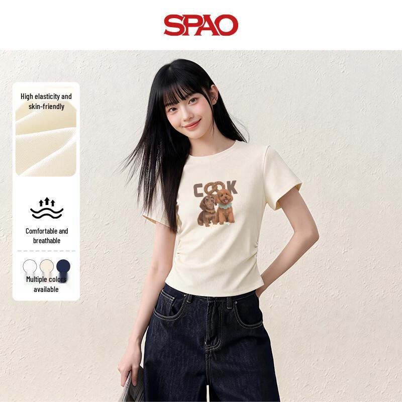 Женская укороченная футболка SPAO с мультяшным принтом, облегающего кроя