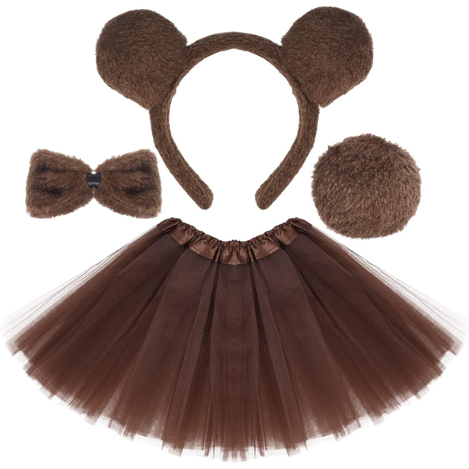 Kinderen Dier Bruine Beer Kostuum Beer Oren Hoofdband Strik Staart Tutu Rok Fancy Kostuum Set Halloween Cosplay Feest Accessoires 30cm for 2-8years