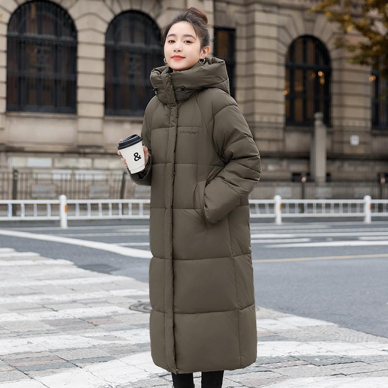 

2025 новая пуховая хлопковая куртка женская длинная ниже колена стеганая куртка корейская версия стойка воротник свободная внутренняя стеганая куртка XL оливковое зеленый