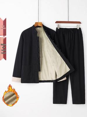 Men's Autumn/Winter Cotton-Linen Tang Suit Set: Retro Chinese Style with Velvet for Warmth