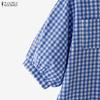 ZANZEA Women Casual Turn Down Collar Grid Print Loose Half Sleeve Blouse