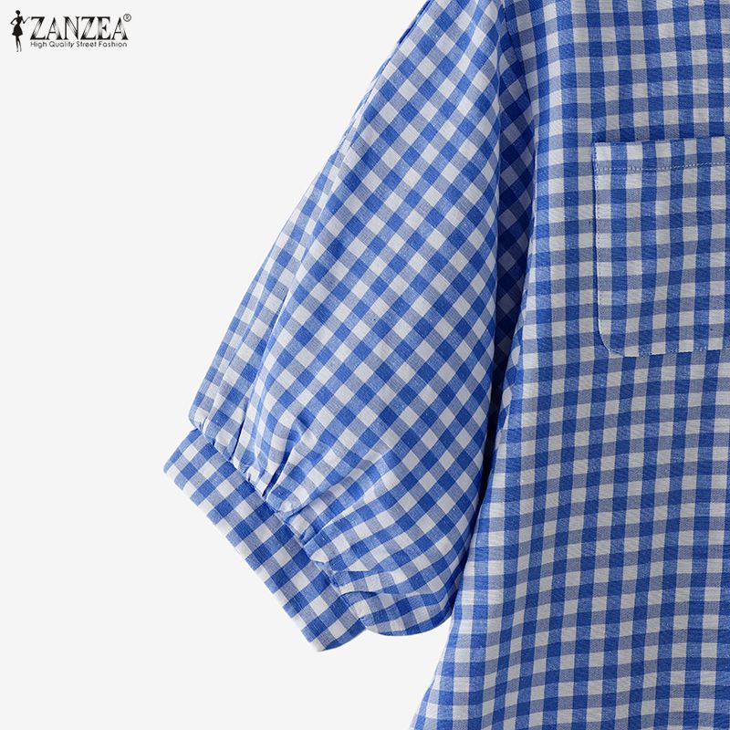 ZANZEA Women Casual Turn Down Collar Grid Print Loose Half Sleeve Blouse