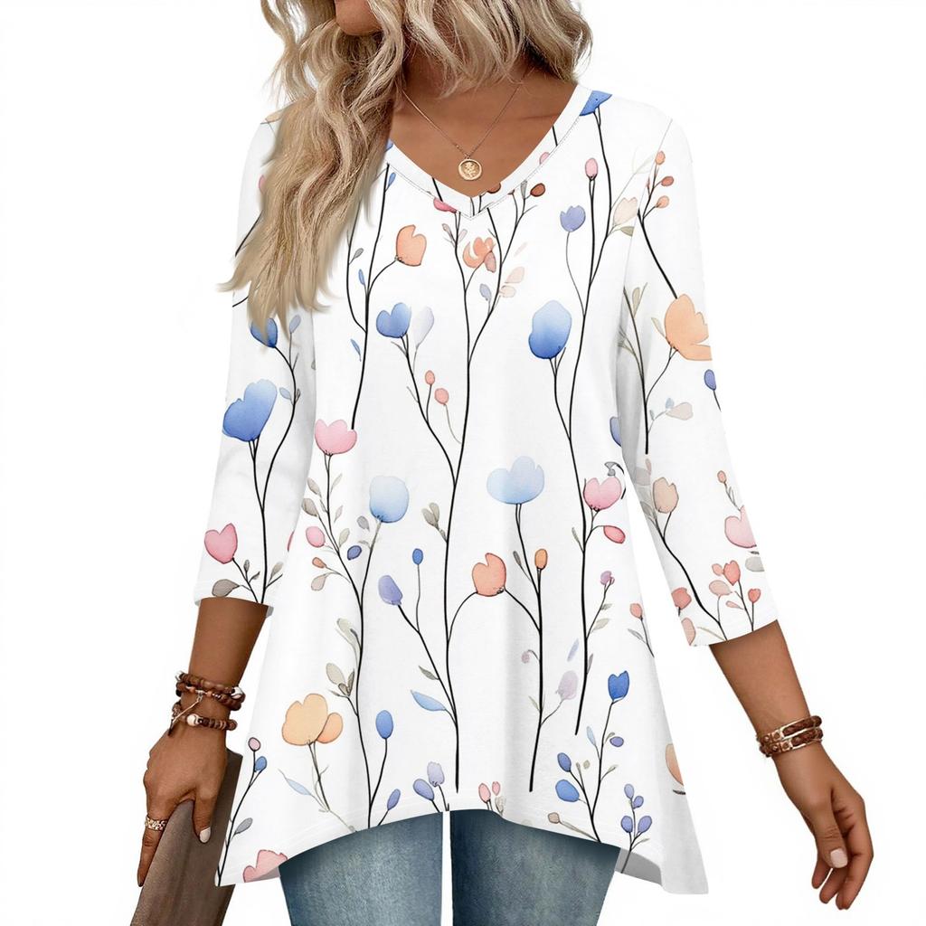 Dámské topy s výstřihem do V a 3/4 rukávem, ležérní košile střední délky, módní tuniky s potiskem