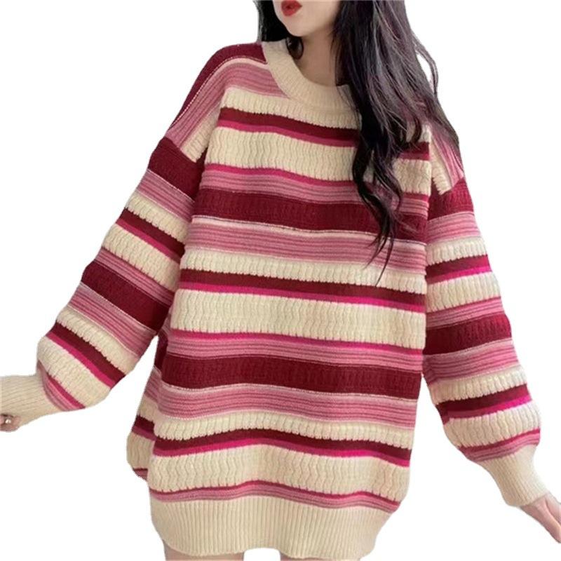Autumn/Winter Striped Sweater Women's Loose Contrast Knitted Jacket