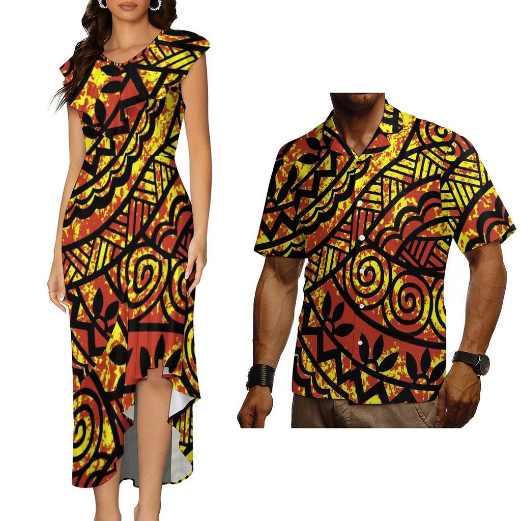 Polynesian Tribal Traditional Samoan Puletasi Dress for Women Custom Elegant Dresses Vintage Floral Dress Couple Set