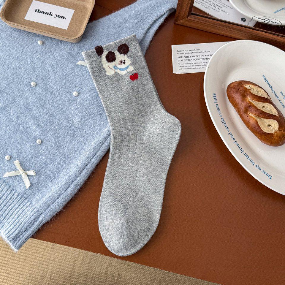 Forest-Style Puppy Cartoon Mid-Calf Cotton Women's Socks – Comfortable, Breathable, Embroidered, Seamless Slouch Design