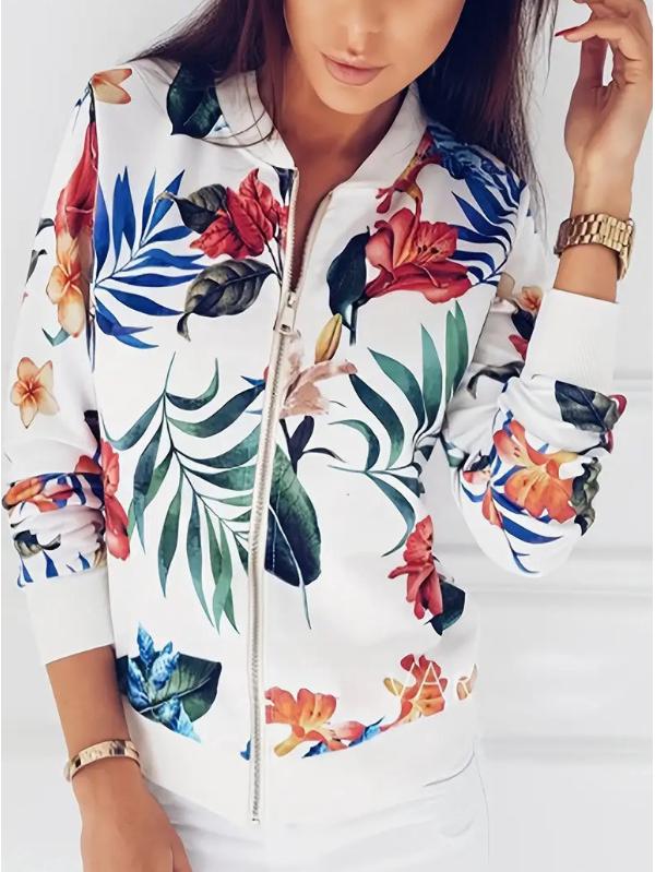 Elegant Floral Zippered Long Sleeve Baseball Collar Jacket - Plus Size for Autumn & Winter