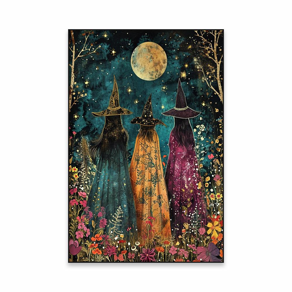 Floral Witch Classical Poster Mystical Art Oil Painting Print Witches Coven Amongst The Wildflowers Canvas Painting Wall Decor