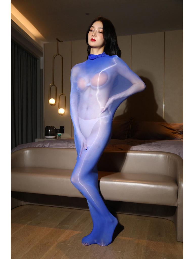 5D Ultrathin Seamless Women's Full Coverage Bodysuit and Stockings Set - Plus Size, Sexy Black, and White Oily Sheen Design.
