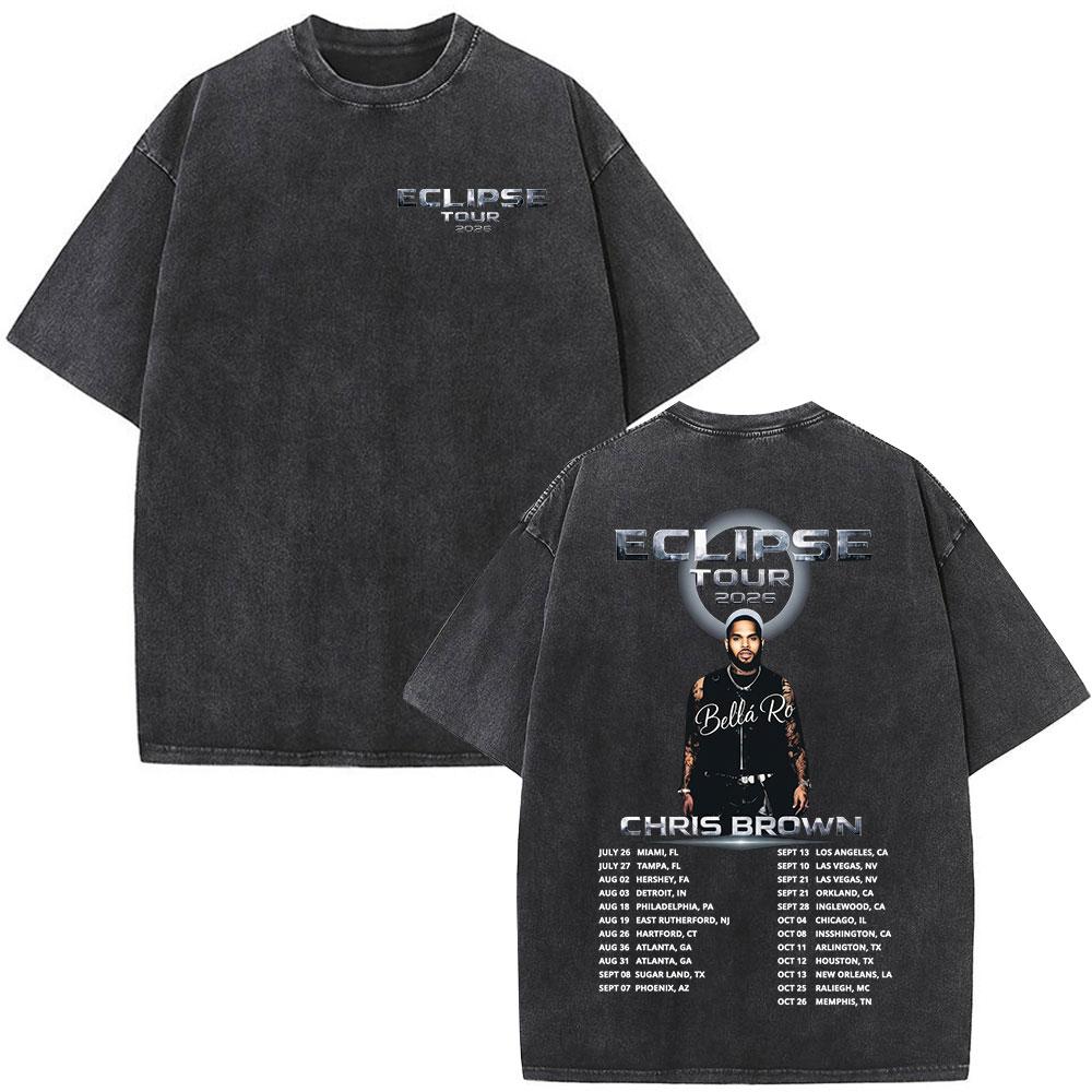 Rapper Chris Brown Eclipse Tour Merchandising Concerto Maglietta Lavata Vintage Regali per Fan Uomo Donna Moda Hip Hop Magliette Oversize