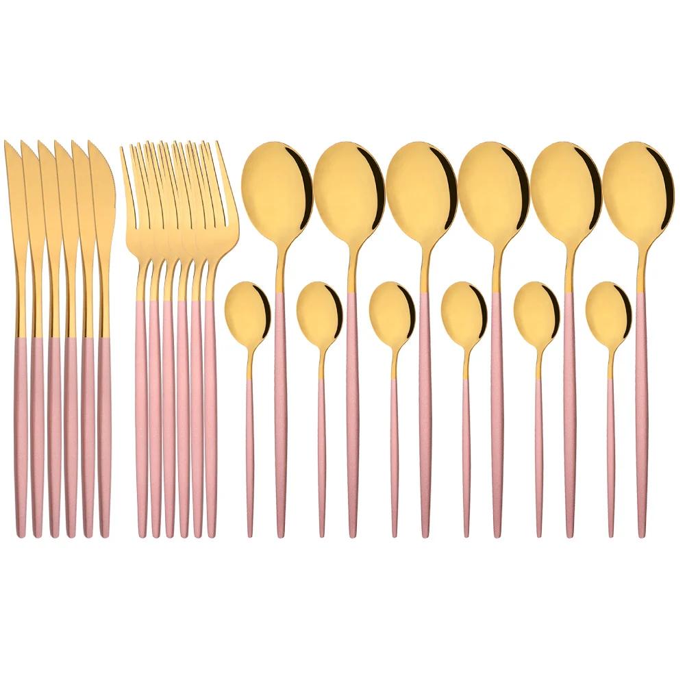 24Pcs Rose Gold Dinnerware Set Stainless Steel Steak Knife Fork Coffee Spoon Teaspoon Flatware Dishwasher Safe Kitchen Tableware
