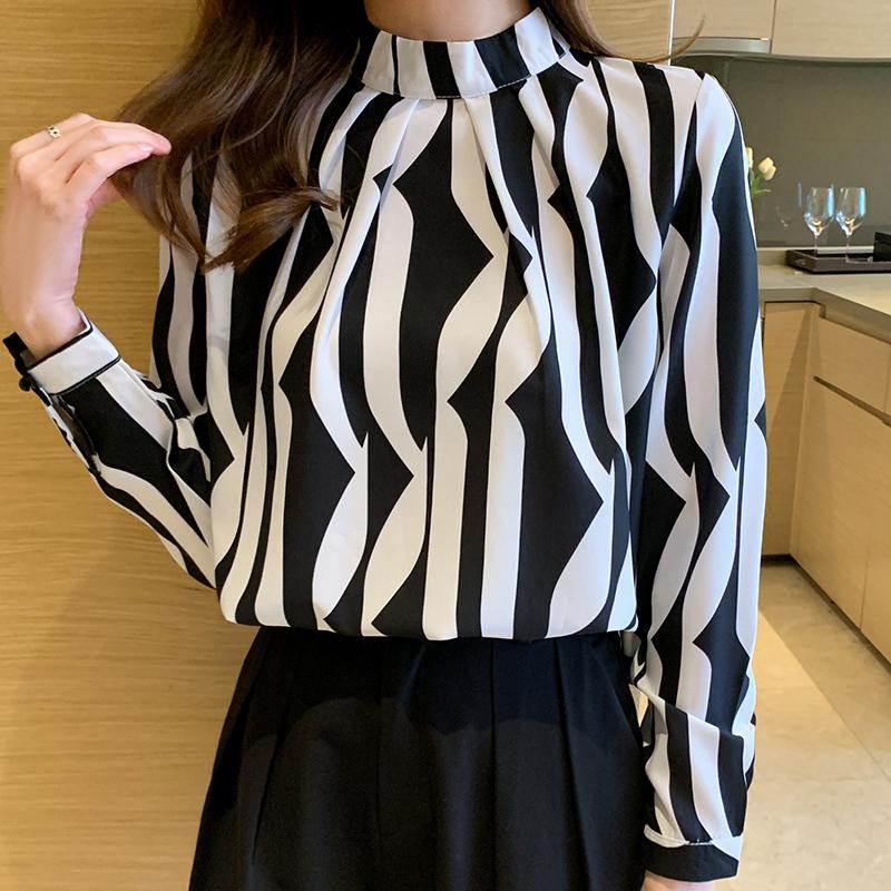 Autumn Fashion New Long Sleeve Women Blouse Stand Collar Black White Striped Chiffon Blouse Shirt Women Tops J739