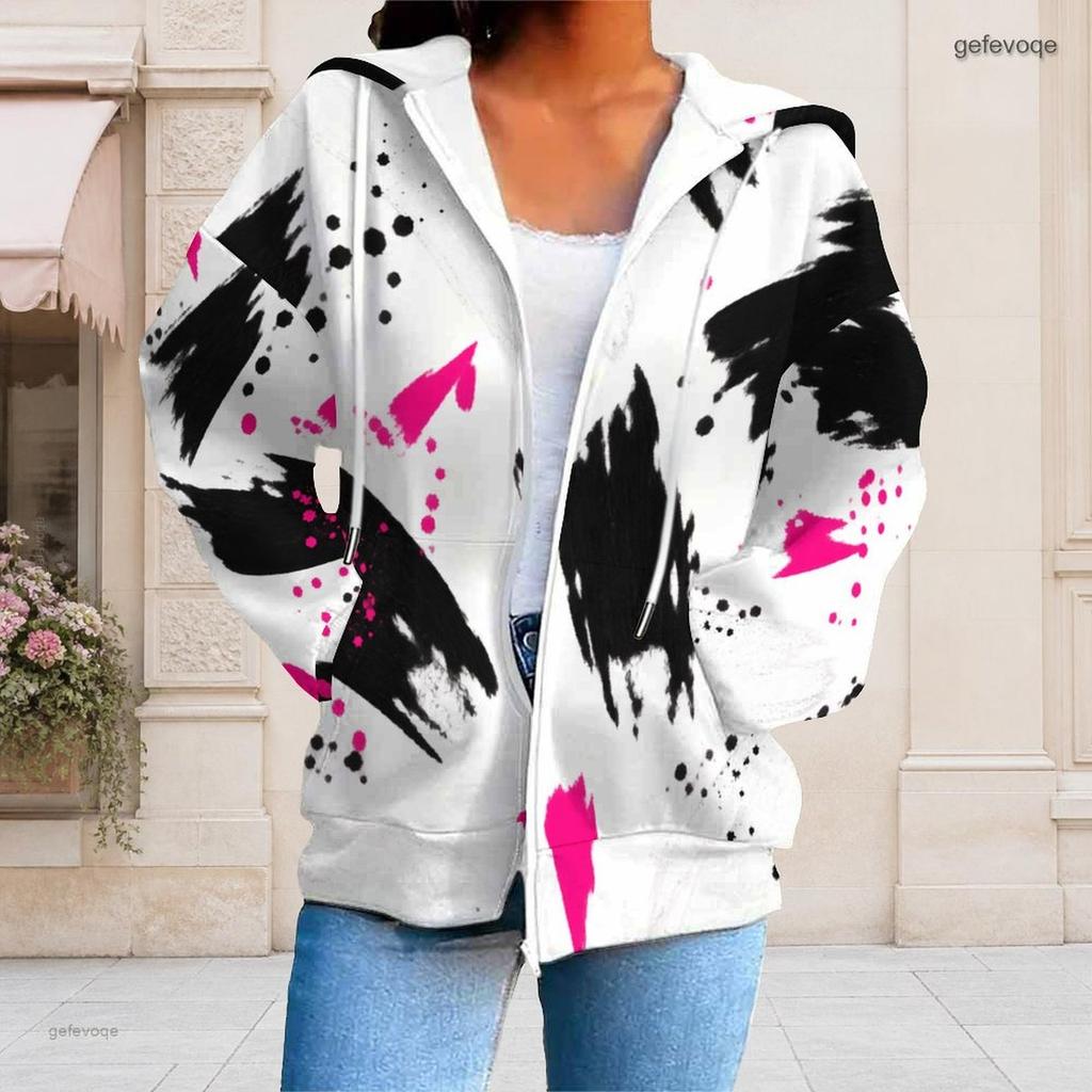 Women Plus Size Zip Up Hoodie Long Sleeve Drawstring Hood Blue White Tie Dye Print With Pockets