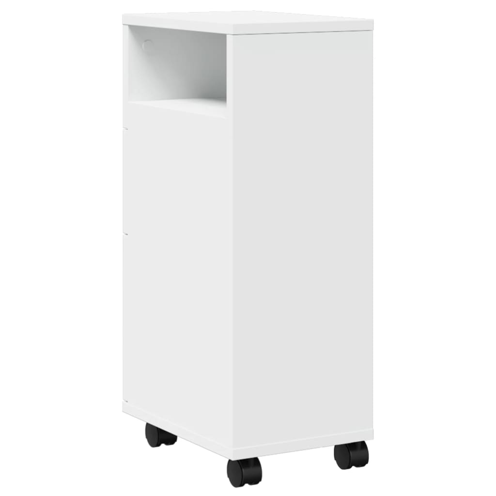 Narrow Bathroom Cabinet with Casters White Engineered Wood