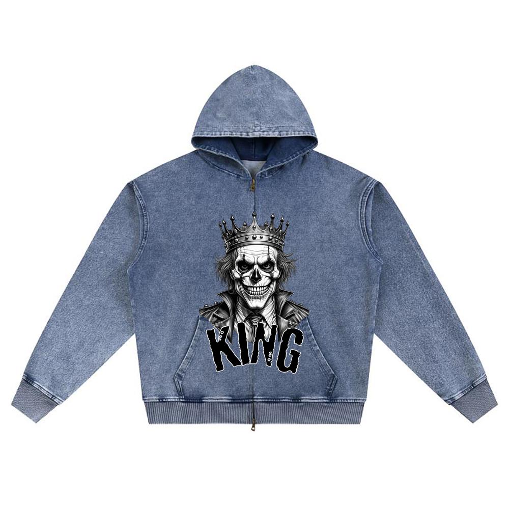 DTG print Knitted Denim Zip-Up Hoodie Poker King Brother Print Zipper Hoodies