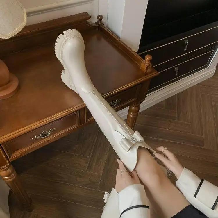 

Fashion Round Toe Leather Rhinestone Women s Long Boots Pu Waterproof Comfortable and Elegant Gothic Hot 39 Ladies Knee High Shaft Shoes 39