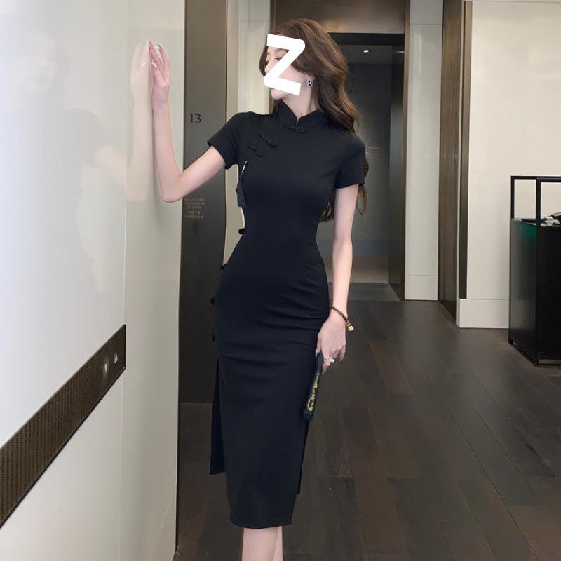 Chinese retro buckle improved cheongsam skirt children's high-end black dress summer waist split hip skirt
