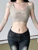 Neck segmentation hollow autumn and winter strap top women's T-shirt design slim long sleeve dancing fake two pieces deconstruction solid color