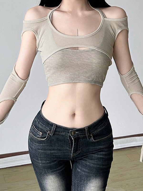 Neck segmentation hollow autumn and winter strap top women's T-shirt design slim long sleeve dancing fake two pieces deconstruction solid color